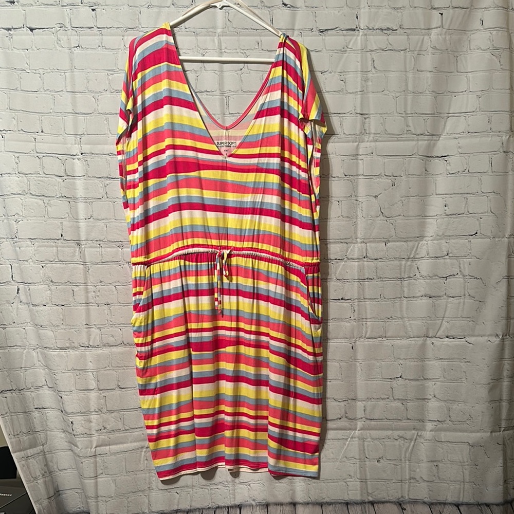 Torrid 3 (22/24) Super Soft Knit Colorful Striped V-Neck Dress with Pockets
